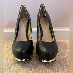 Modern Vice Madison Black Leather Heels with Gold Platform.